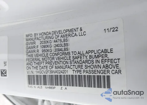 2022 Honda Accord Sport 2.0T z USA, uszkodzony, nr VIN 1HGCV2F39NA024201